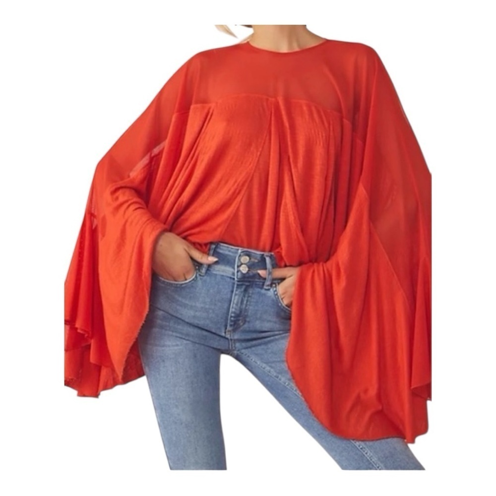 Free People Red  Bell Sleeve Oversized Blouse